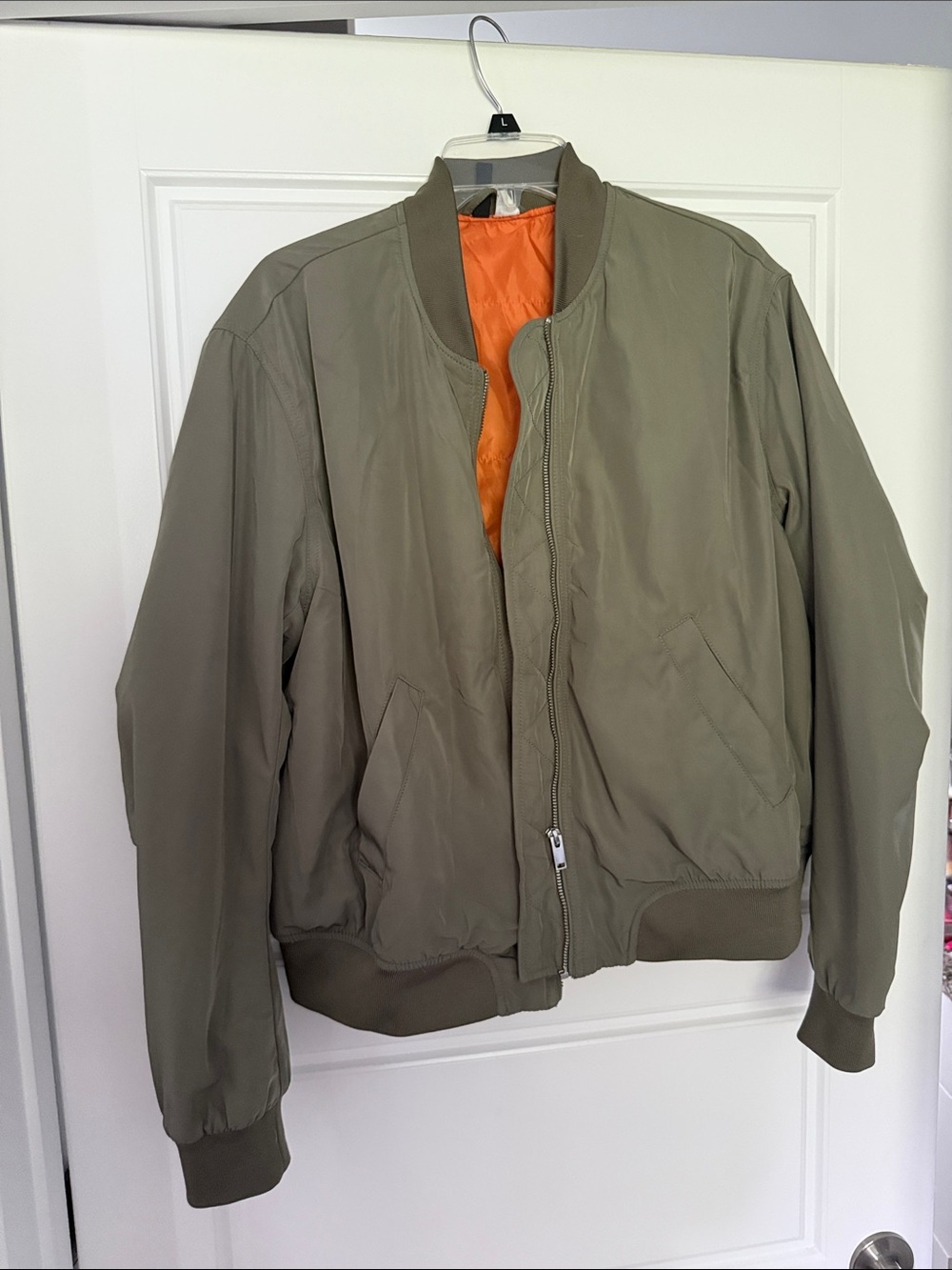 H&M Olive Bomber Jacket with Bright Orange Lining